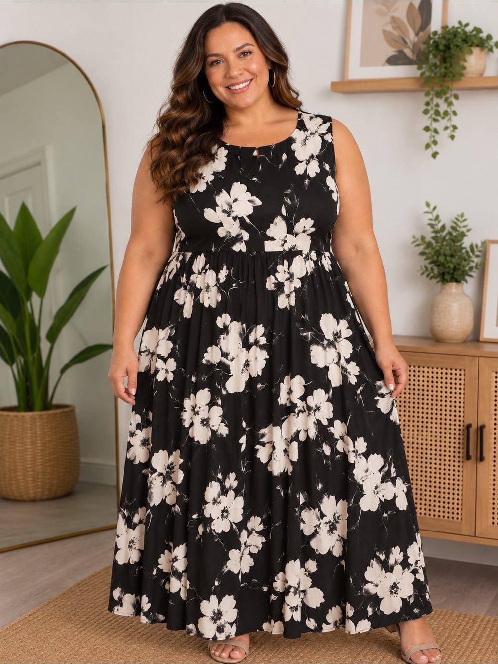 Jessica Howard Black Dress with Cream Floral Print Maxi